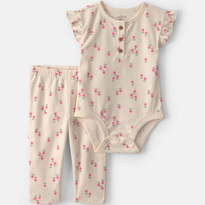 Baby Girl 2-Piece Floral Bodysuit & Pant Set - Cream