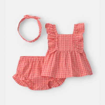 Baby Girl 3-Piece Gingham Top & Short Set - Coral