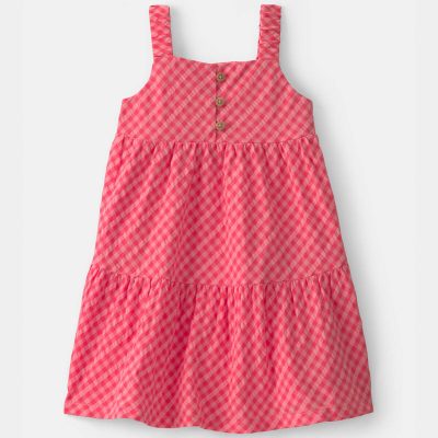 Baby Girl Gingham Tiered Dress - Coral