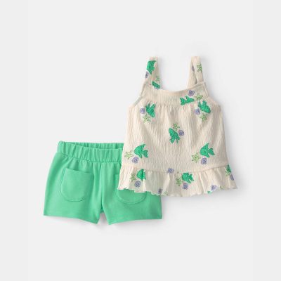 Baby Girl 2-Piece Fish Ruffle Tank Top & Short Set - Green/Ivory