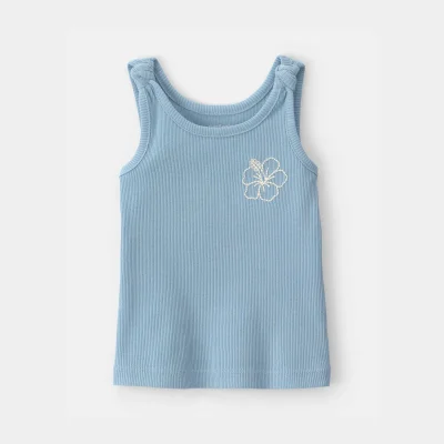 Baby Girl Flower Ribbed Tank Top - Blue