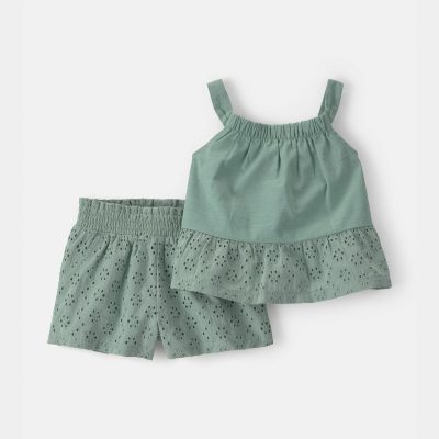 Baby Girl 2-Piece Eyelet Tank Top & Short Set - Green