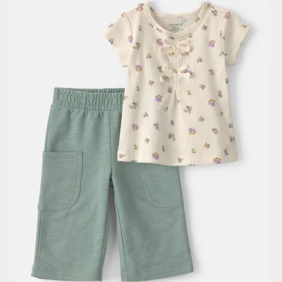 Baby Girl 2-Piece Floral Top & Pant Set - Cream/Green