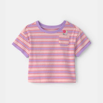 Baby Girl Flower Striped Short-Sleeve Top - Pink/Purple