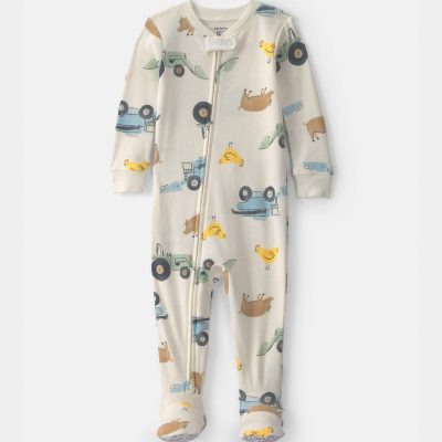 Baby Boy Farm 100% Cotton 2-Way Zip 1-Piece Pajama - Cream