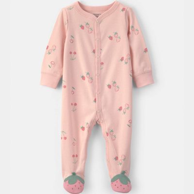 Baby Girl Strawberry 100% Cotton Sleep & Play Pajamas - Pink