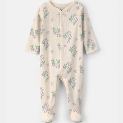 Baby Girl Floral Cotton Sleep & Play Pajamas - Ivory