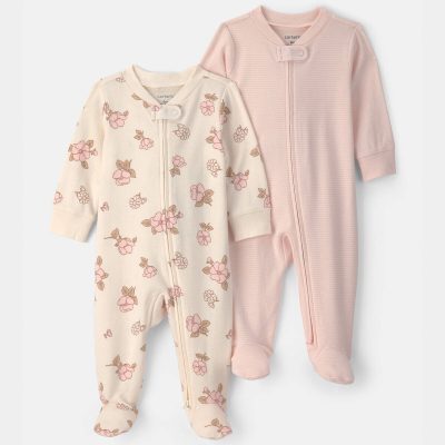 Baby Girl 2-Pack Floral Striped 100% Cotton 2-Way Zip Sleep & Play Pajamas - Pink/Ivory