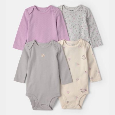 Baby Girl 4-Pack Swan Floral Long-Sleeve Bodysuits - Grey/Purple/Ivory