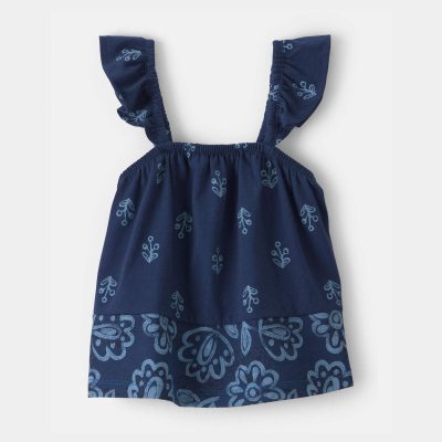 Baby Girl Floral Ruffle-Sleeve Tank Top - Navy