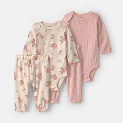 Baby Girl 4-Piece Floral Long-Sleeve Bodysuit & Pant Set - Pink/Ivory