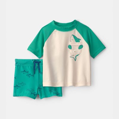 Baby Boy 2-Piece Shark Rashguard Swimsuit Set - Green/Cream
