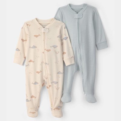 Baby 2-Pack Whale Striped 100% Cotton 2-Way Zip Sleep & Play Pajamas - Blue/Ivory
