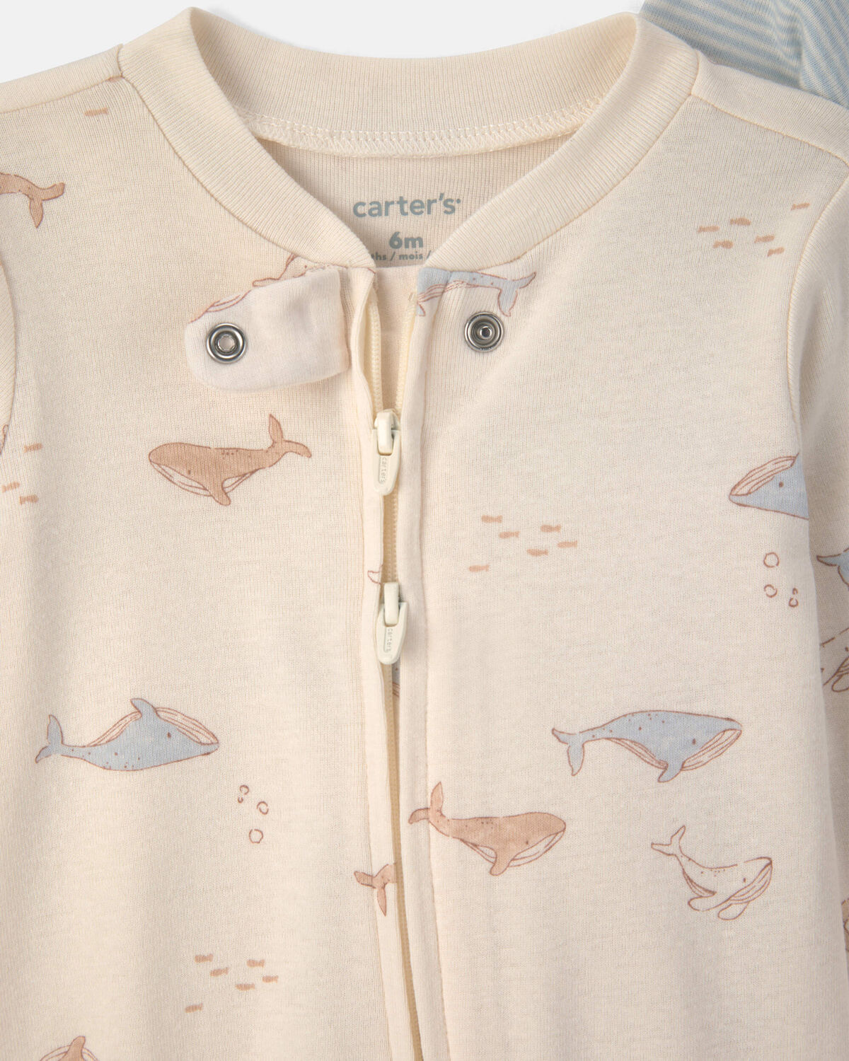 Baby 2-Pack Whale Striped 100% Cotton 2-Way Zip Sleep & Play Pajamas - Blue/Ivory - Image 5
