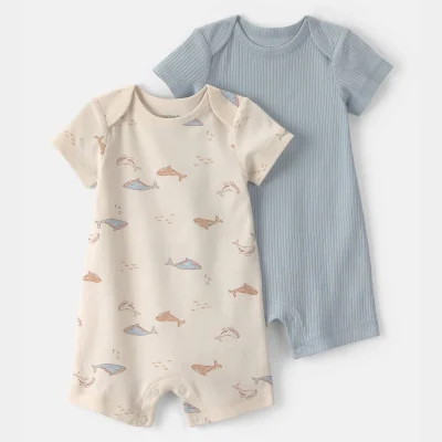 Baby 2-Pack Whale Rompers - Blue/Ivory