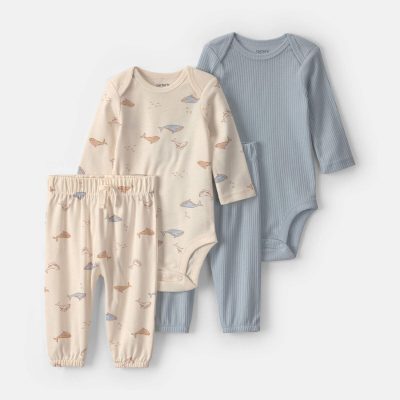 Baby 4-Piece Whale Long-Sleeve Bodysuit & Pant Set - Blue/Ivory