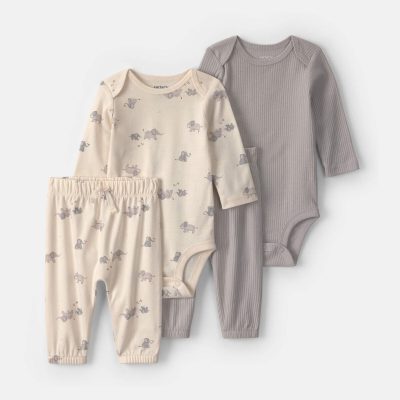Baby 4-Piece Elephant Long-Sleeve Bodysuit & Pant Set - Grey