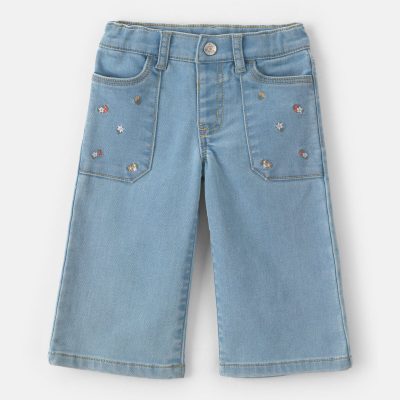 Baby Girl Floral Embroidered Wide-Leg Jeans - Light Wash