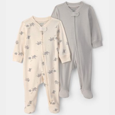 Baby 2-Pack Elephant Striped 100% Cotton 2-Way Zip Sleep & Play Pajamas - Ivory/Grey