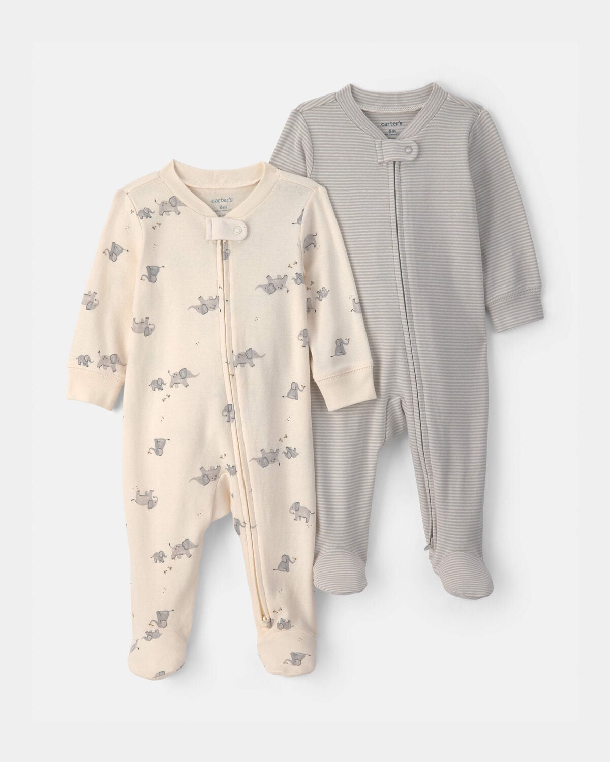 Baby 2-Pack Elephant Striped 100% Cotton 2-Way Zip Sleep & Play Pajamas - Ivory/Grey