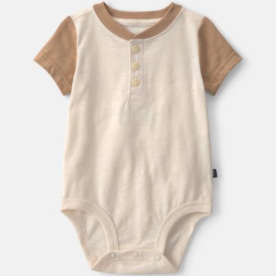 Baby Boy Henley Short-Sleeve Bodysuit - Cream/Brown