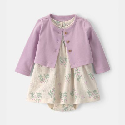 Baby Girl 2-Piece Floral Cardigan Dress Set - Purple