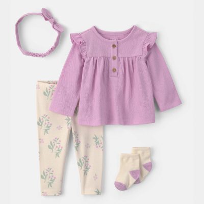Baby Girl 4-Piece Long-Sleeve Top & Pant Set - Purple