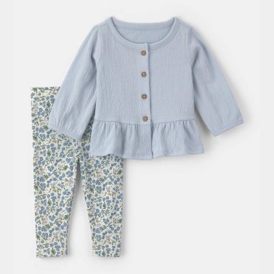 Baby Girl 2-Piece Floral Long-Sleeve Top & Pant Set - Blue
