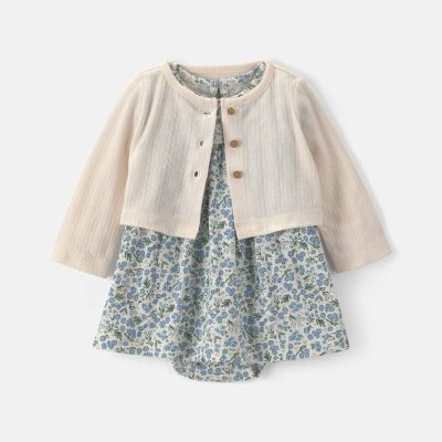 Baby Girl 2-Piece Floral Cardigan Dress Set - Blue