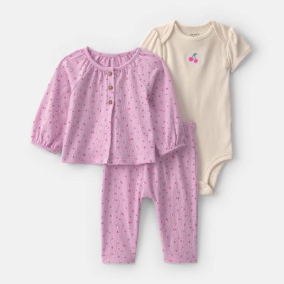 Baby Girl 3-Piece Cherry Layering Set - Pink/Ivory