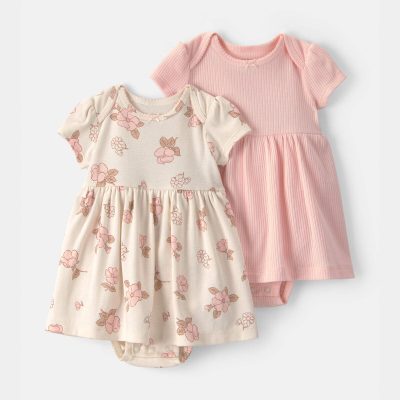 Baby Girl 2-Pack Floral Short-Sleeve Bodysuit Dress - Pink/Ivory