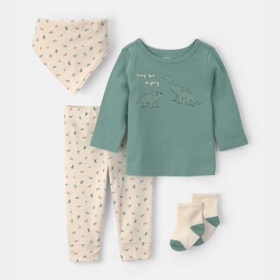 Baby Boy 4-Piece Dinosaur Outfit Set - Green/Ivory