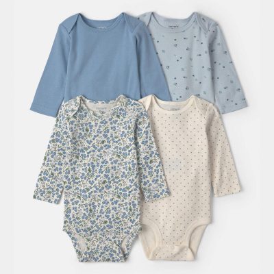 Baby Girl 4-Pack Blueberry Floral Long-Sleeve Bodysuits - Blue
