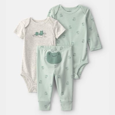 Baby 3-Piece Frog Bodysuit & Pant Set - Green/Grey