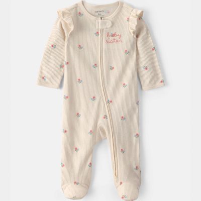 Baby Girl 'Baby Sister' Cotton 2-Way Zip Sleep & Play Pajamas - Ivory