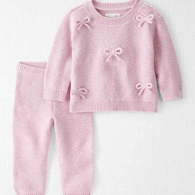 Baby Girl 2-Piece Organic Cotton Bow Knit Sweater & Pant Set