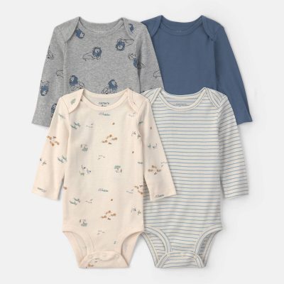 Baby Boy 4-Pack Safari Long-Sleeve Bodysuits - Blue/Grey/Ivory