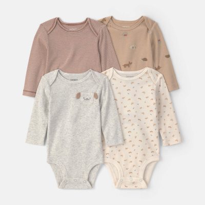 Baby 4-Pack Dog Long-Sleeve Bodysuits - Brown/Grey/Ivory