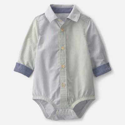 Baby Boy Poplin Long-Sleeve Button-Down Bodysuit - Blue/Green