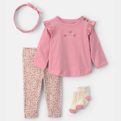 Baby Girl 4-Piece Long-Sleeve Top & Pant Set - Pink