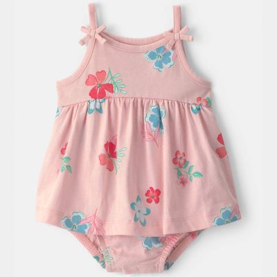 Baby Girl Floral Sleeveless Bodysuit Dress - Pink