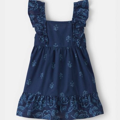 Baby Girl Floral Ruffle-Sleeve Dress - Navy