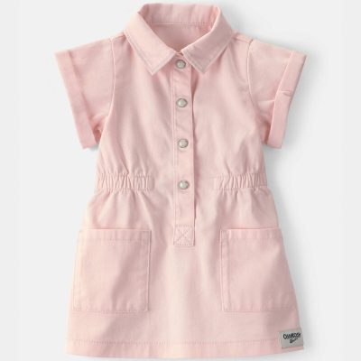 Baby Girl Twill Button-Up Utility Dress - Pink