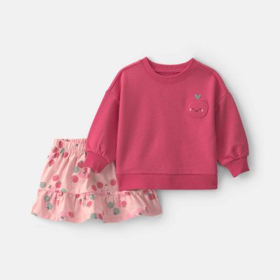 Baby Girl 2-Piece Apple French Terry Long-Sleeve Top & Skort Set - Pink