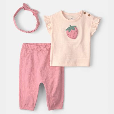 Baby Girl 3-Piece Strawberry Top & Pant Set - Pink