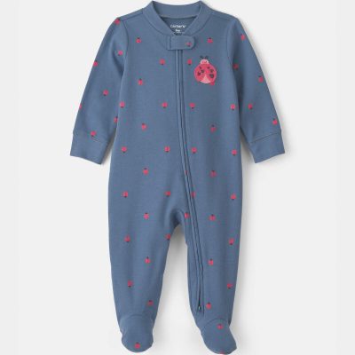 Baby Girl Ladybug 100% Cotton 2-Way Zip Sleep & Play Pajamas - Blue