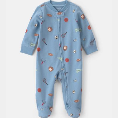 Baby Boy Sports 100% Cotton 2-Way Zip Sleep & Play Pajamas - Blue