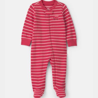 Baby Boy Firetruck Striped 100% Cotton 2-Way Zip Sleep & Play Pajamas - Red