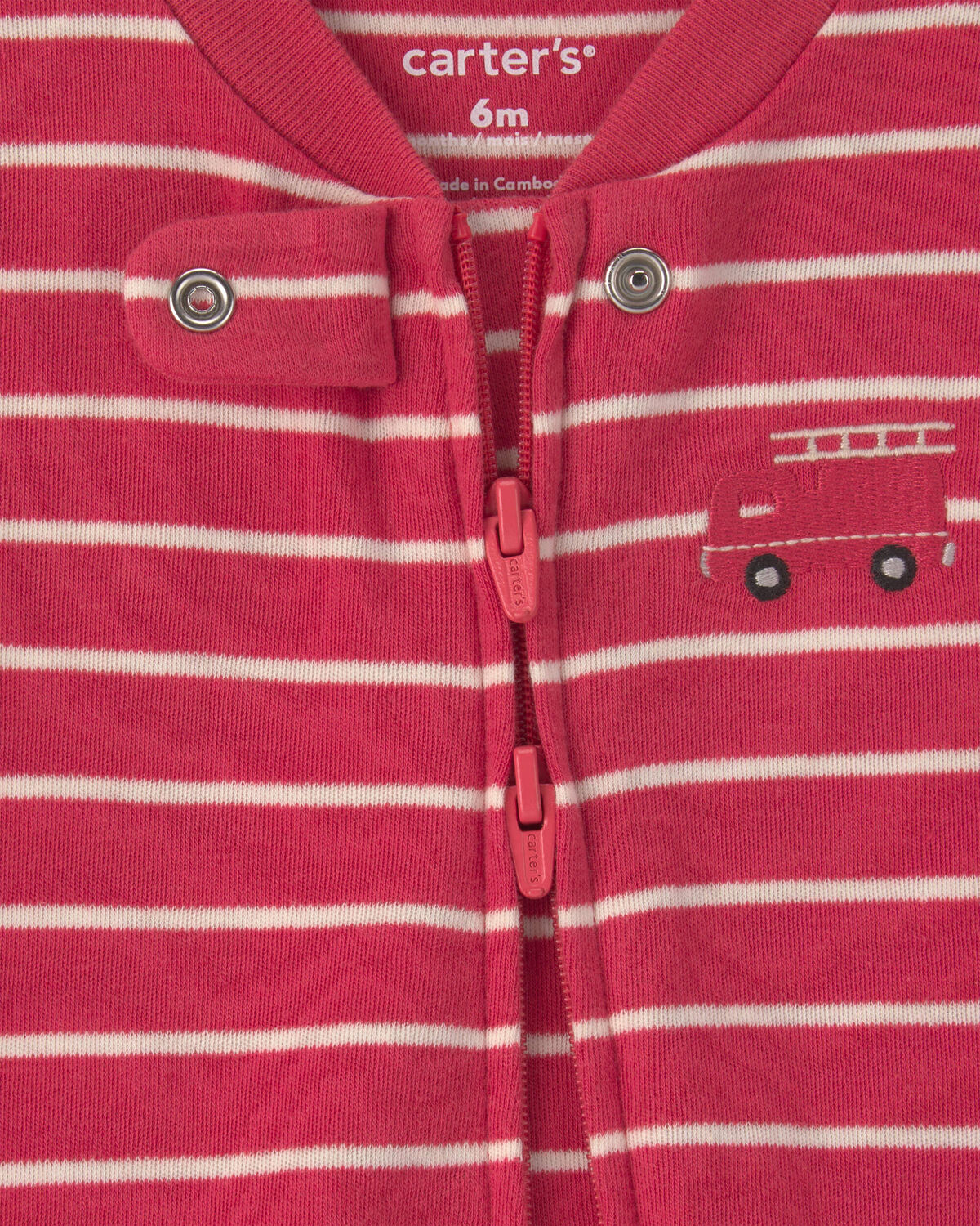 Baby Boy Firetruck Striped 100% Cotton 2-Way Zip Sleep & Play Pajamas - Red - Image 2