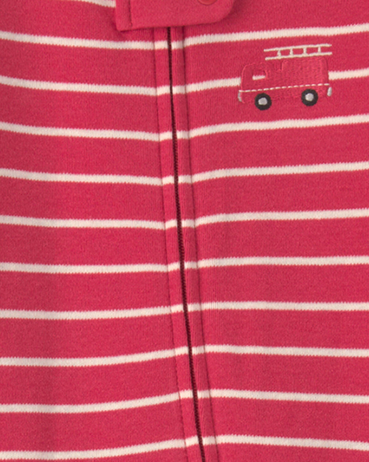 Baby Boy Firetruck Striped 100% Cotton 2-Way Zip Sleep & Play Pajamas - Red - Image 3